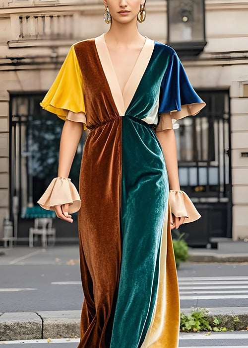 Fine Colorblock V Neck Velvet Long Dress Butterfly Sleeve