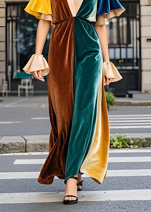 Fine Colorblock V Neck Velvet Long Dress Butterfly Sleeve