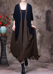 Fine Dark Chocolate Patchwork Black V Neck Tassel Knit Wool Coat Long Sleeve