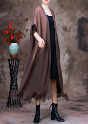 Fine Dark Chocolate Patchwork Black V Neck Tassel Knit Wool Coat Long Sleeve