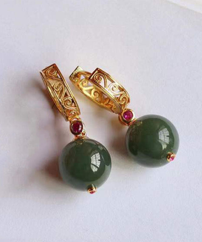 Fine Dark Green Sterling Silver Overgild Jade Drop Earrings