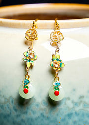 Fine Flower Paintings Fu Character Jade Drop Earrings