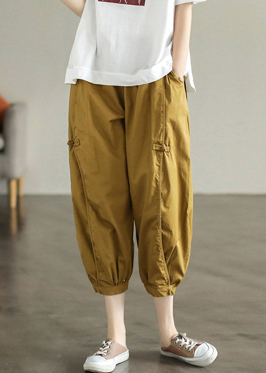 Fine Ginger Patchwork Button Cotton Crop Pants Summer