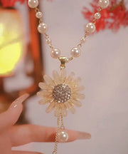 Fine Gold Alloy Zircon Floral Tassel Pendant Necklace