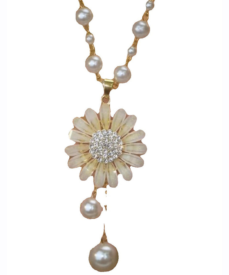 Fine Gold Alloy Zircon Floral Tassel Pendant Necklace