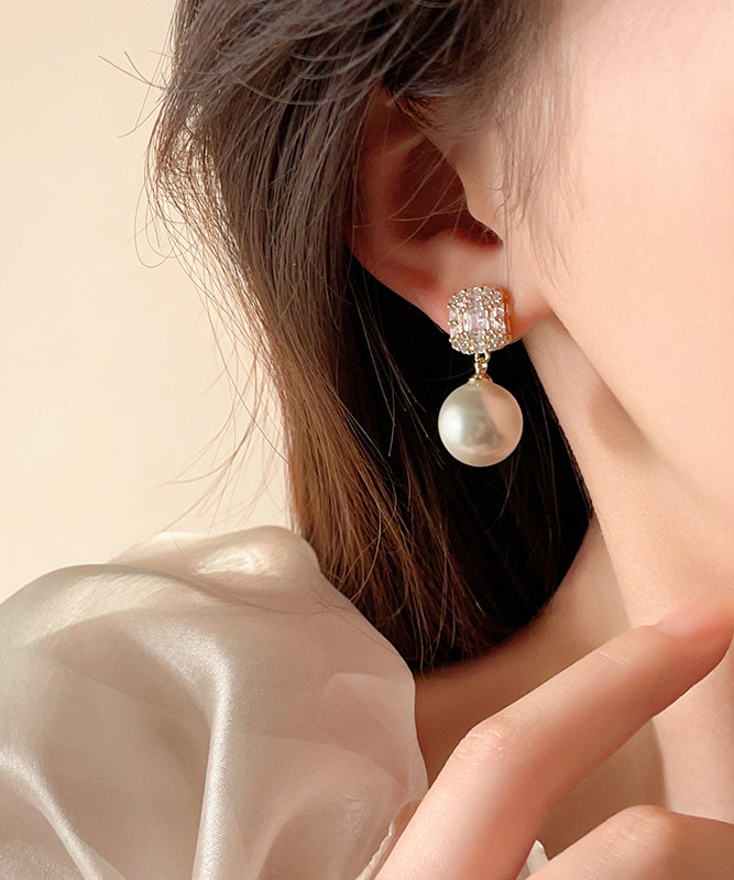 Fine Gold Copper Alloy Zircon Pearl Stud Earrings