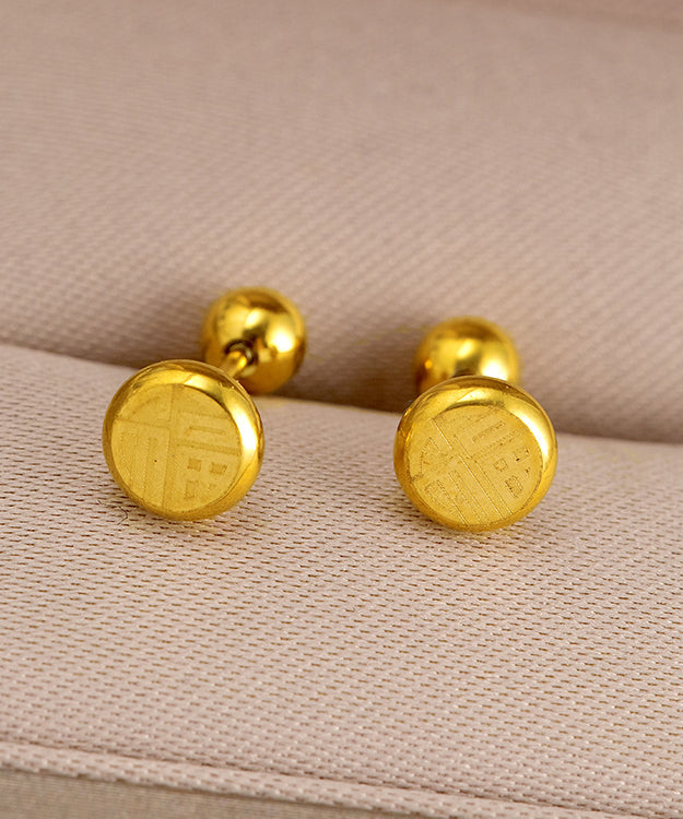 Fine Gold Stainless Steel Fu Character Stud Earrings