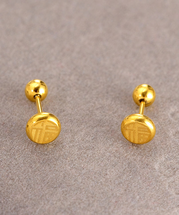 Fine Gold Stainless Steel Fu Character Stud Earrings