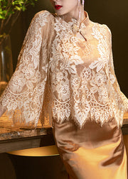 Fine Gold Stand Collar Lace Tops And Dress Silk Two Pieces Set Fall