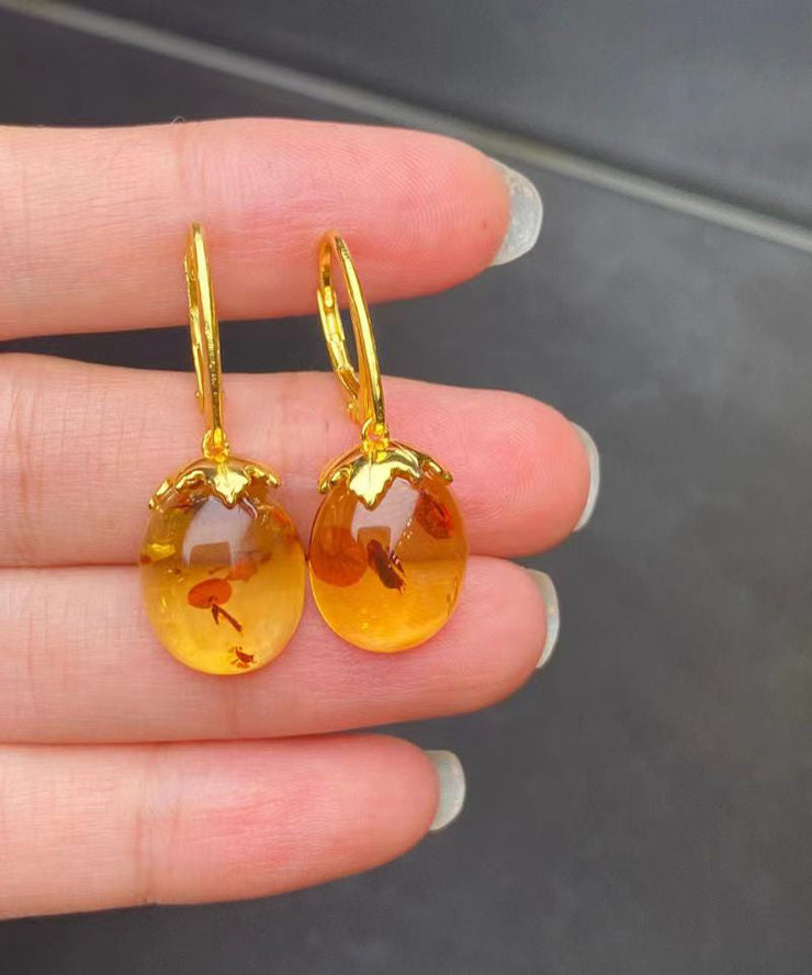 Fine Gold Sterling Silver Inlaid Amber Hoop Earrings