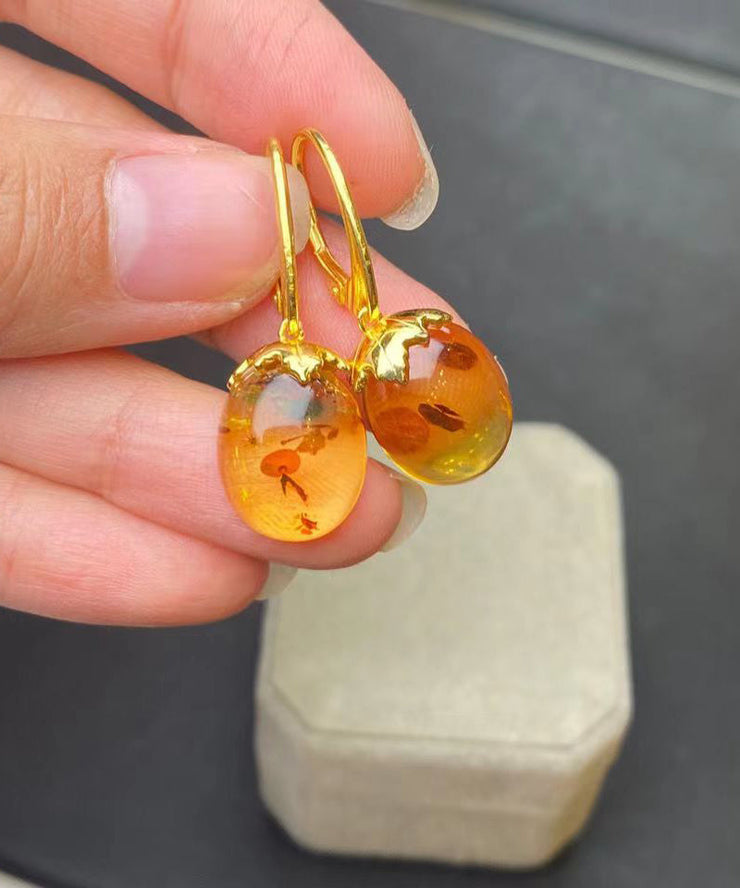 Fine Gold Sterling Silver Inlaid Amber Hoop Earrings