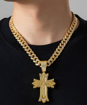 Fine Gold Sterling Silver Overgild Zircon Cross Pendant Necklace