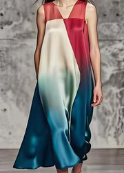 Fine Gradient Color Asymmetrical Patchwork Silk Long Dresses Summer