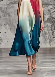 Fine Gradient Color Asymmetrical Patchwork Silk Long Dresses Summer