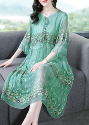 Fine Grass Green Embroideried Patchwork Silk Maxi Dresses Summer