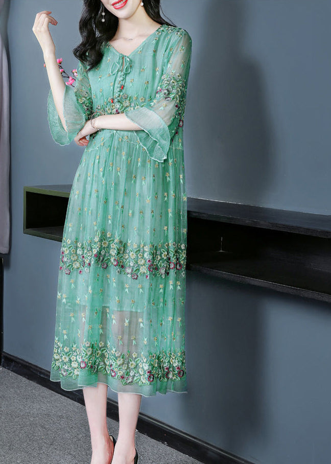 Fine Grass Green Embroideried Patchwork Silk Maxi Dresses Summer