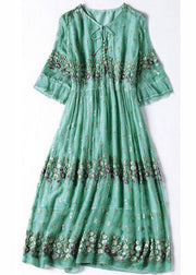 Fine Grass Green Embroideried Patchwork Silk Maxi Dresses Summer