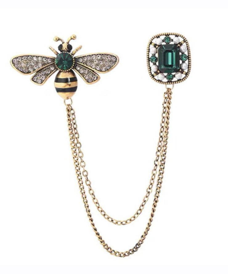 Fine Green Alloy Zircon Bee Pearl Oil Drip Tassel Brooches