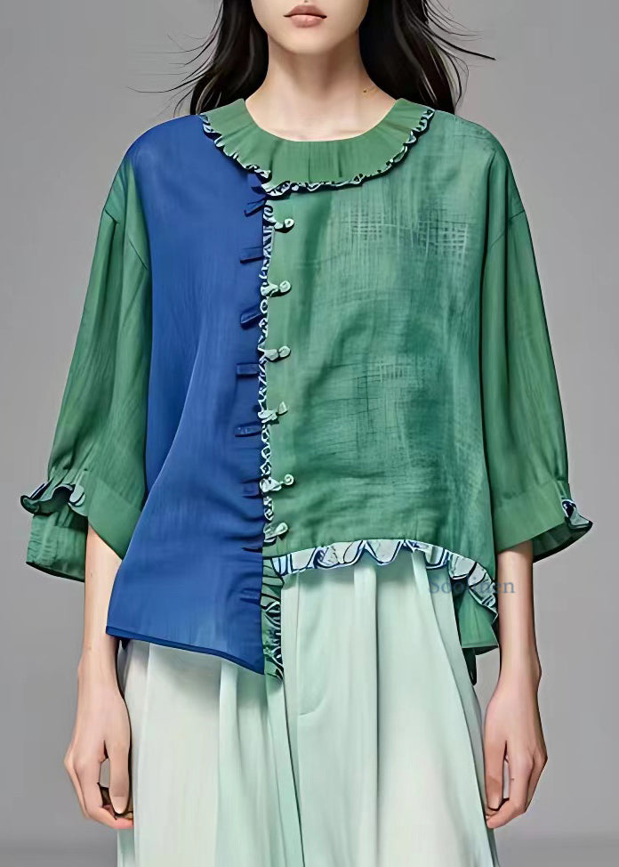 Fine Green Asymmetrical Patchwork Button Top Half Sleeve