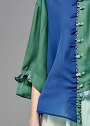 Fine Green Asymmetrical Patchwork Button Top Half Sleeve