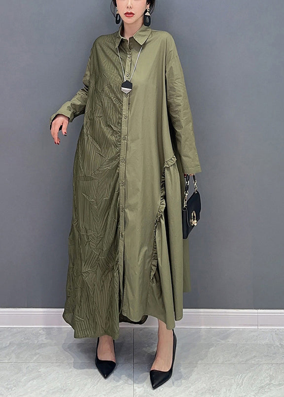 Fine Green Asymmetrical Patchwork Ruffled Wrinkled Maxi Dresses Spring