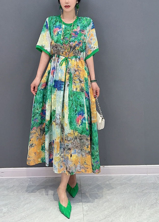 Fine Green Cinched Print Chiffon Vacation Dresses Summer