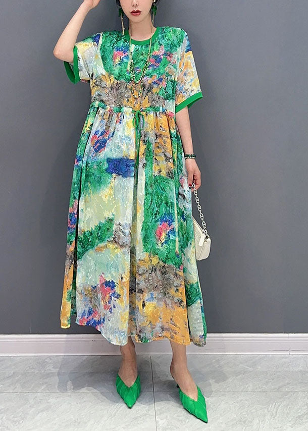 Fine Green Cinched Print Chiffon Vacation Dresses Summer