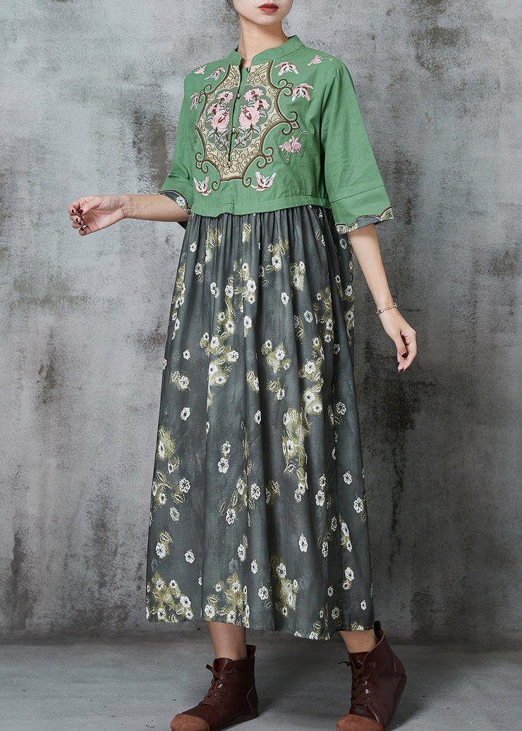 Fine Green Embroidered Patchwork Cotton Vacation Dresses Summer