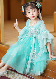 Fine Green Embroideried Patchwork Tie Waist Tulle Baby Girls Mid Dress Flare Sleeve