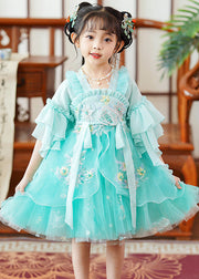 Fine Green Embroideried Patchwork Tie Waist Tulle Baby Girls Mid Dress Flare Sleeve