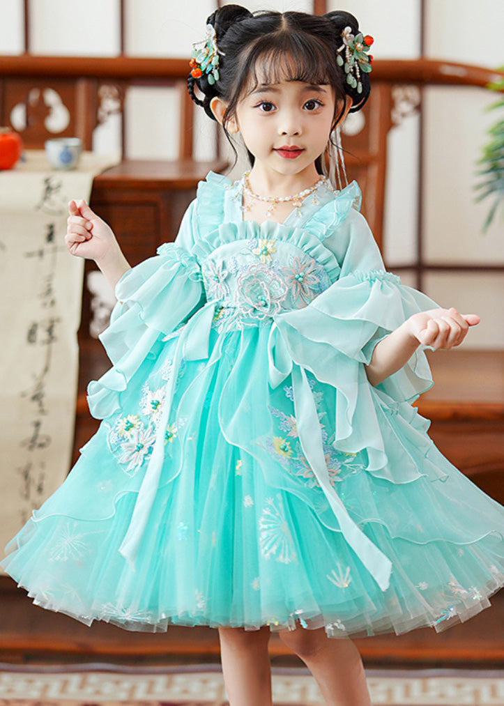 Fine Green Embroideried Patchwork Tie Waist Tulle Baby Girls Mid Dress Flare Sleeve