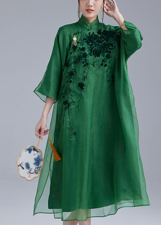 Fine Green Mandarin Collar Embroideried Tulle Silk A Line Dress Bracelet Sleeve