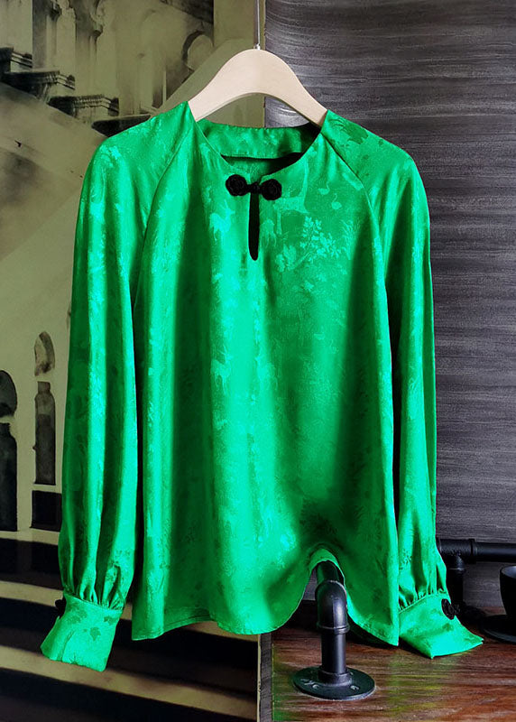 Fine Green O Neck Patchwork Jacquard Silk Shirts Summer