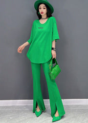 Fine Green O-Neck Side Open Letter Print Cotton Tanks And Flare Pants Two-Piece Set Summer