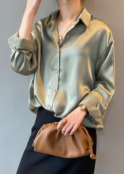 Fine Green Peter Pan Collar Button Silk Shirts Top Fall