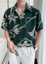 Fine Green Peter Pan Collar Print Loose Men Hawaiian Shirts Summer