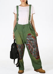 Fine Green Pockets Print Denim Carpenter Pants Summer