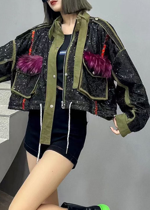 Fine Green Pockets Zip Up Sequins Patchwork Denim Short Coat Spring