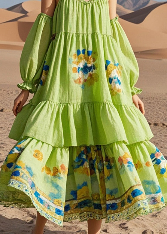 Fine Green Puff Sleeve Print Cotton Beach Dress Summer