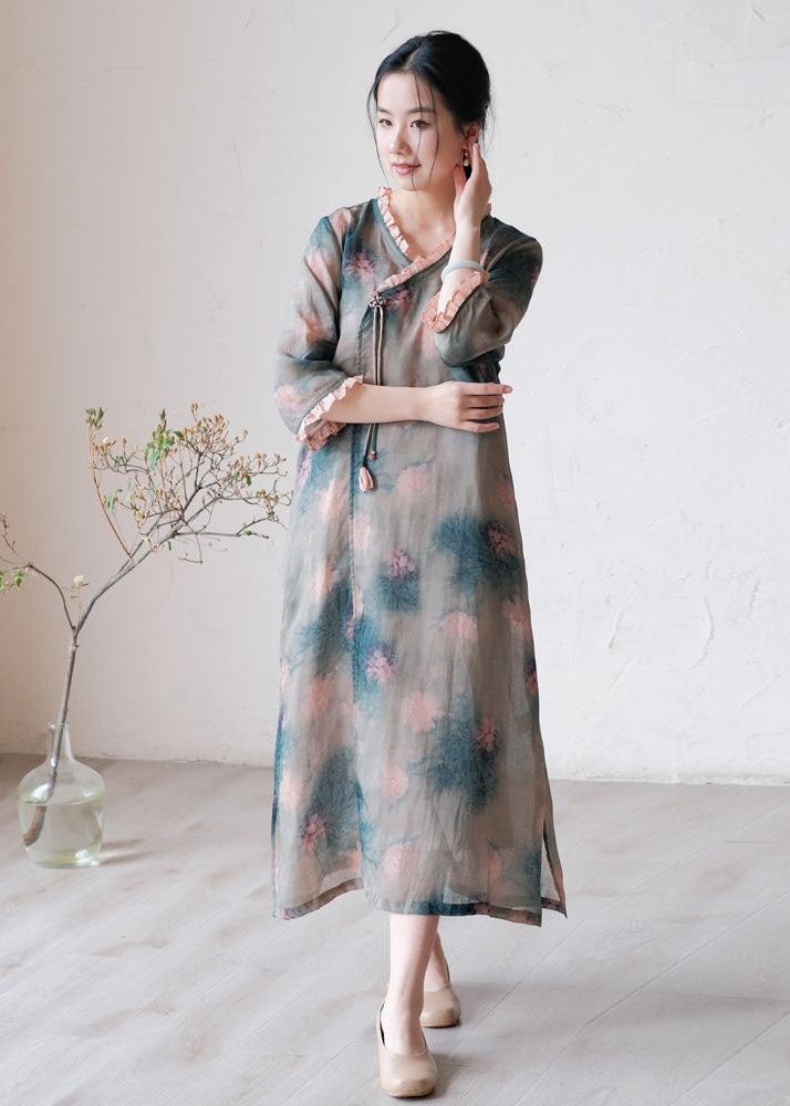 Fine Green Ruffled Tasseled Print Patchwork Linen Dress Summer