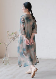 Fine Green Ruffled Tasseled Print Patchwork Linen Dress Summer