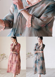 Fine Green Ruffled Tasseled Print Patchwork Linen Dress Summer