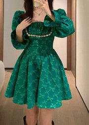 Fine Green Square Collar Embroideried Tunic Mid Dress Long Sleeve