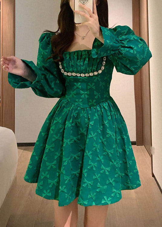 Fine Green Square Collar Embroideried Tunic Mid Dress Long Sleeve