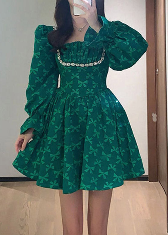 Fine Green Square Collar Embroideried Tunic Mid Dress Long Sleeve