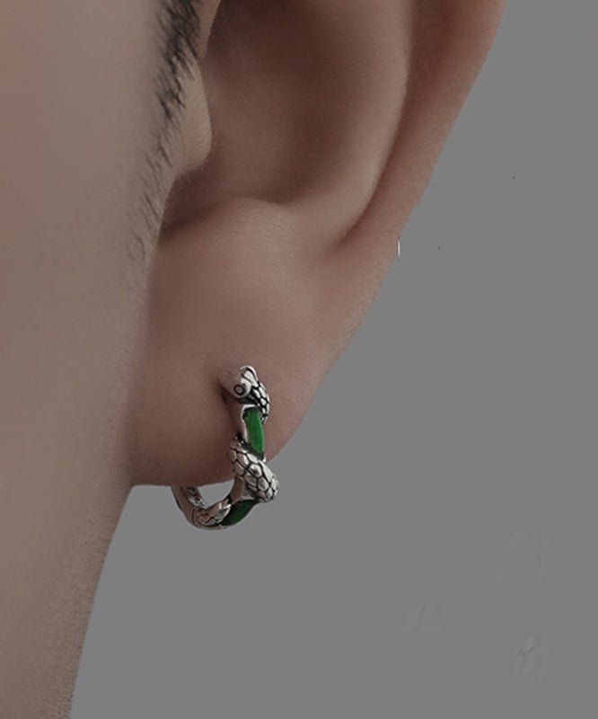 Fine Green Sterling Silver Jade Snake Hoop Earrings