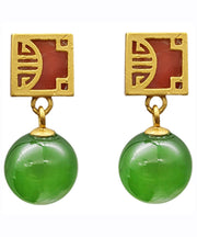 Fine Green Sterling Silver Overgild Jade Drop Earrings