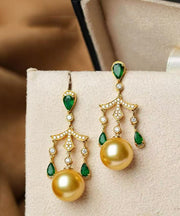 Fine Green Sterling Silver Overgild Zircon Pearl Tassel Drop Earrings