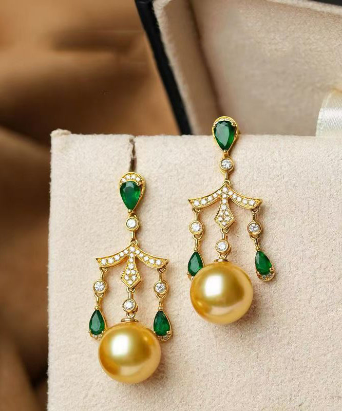 Fine Green Sterling Silver Overgild Zircon Pearl Tassel Drop Earrings