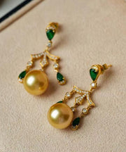 Fine Green Sterling Silver Overgild Zircon Pearl Tassel Drop Earrings